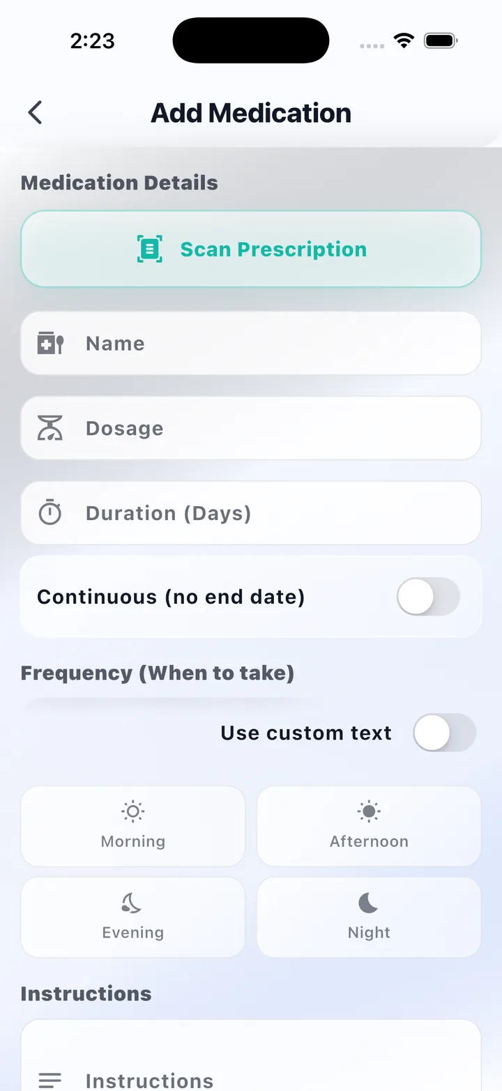 KinCare Add Medication form with name, dosage, duration and time-of-day options