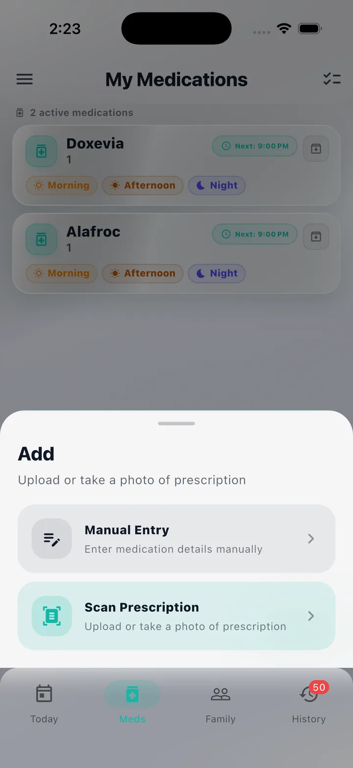 Add menu with manual entry and scan prescription
