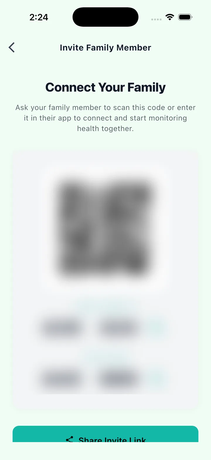 KinCare Invite Family Member screen with a QR code and invite code (blurred for privacy)