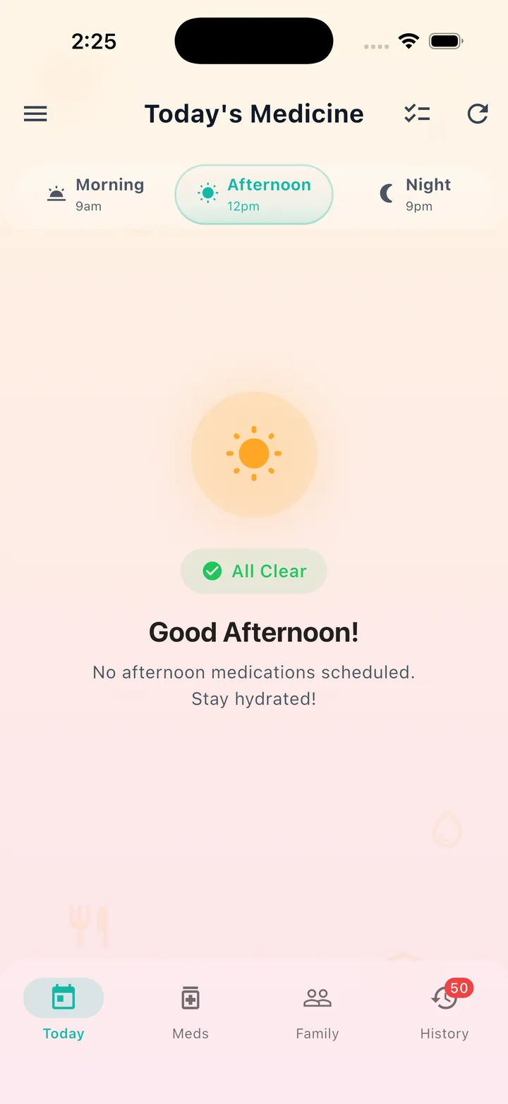 KinCare Today screen showing morning, afternoon and night tabs with an All Clear message for the afternoon